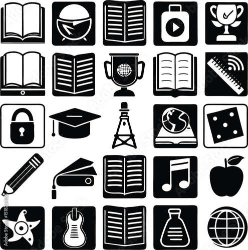 Collection of black and white icons representing education music and global concepts
