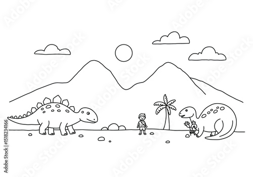 Dinosaur scene drawing. It is a black and white outline image of a prehistoric landscape with dinosaurs, a child, mountains, and palm trees. Vector sketch line art draw.