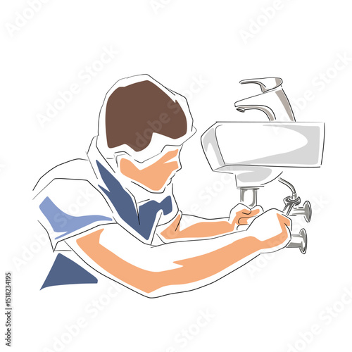 Handyman plumber installs sink, technician service. Isolated vector illustration. Worker repair