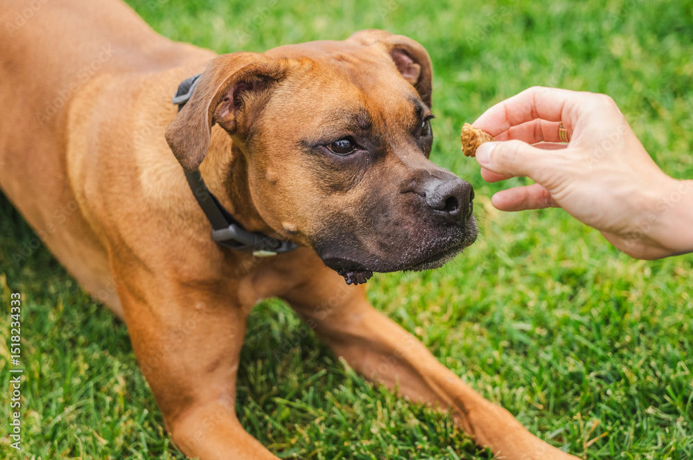Close-up of a brown Boxer dog focused on a treat held by a person in a grassy backyard, showcasing anticipation and training interaction Close-up of a brown Boxer dog focused on a treat held by a person in a grassy backyard, showcasing anticipation and training interaction