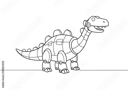 Dino robot drawing. It is a black and white outline image of a robotic dinosaur, featuring mechanical joints and a friendly appearance. Vector sketch line art draw.