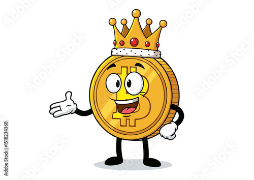 Bitcoin King Digital Currency Royalty, Cryptocurrency Mascot Illustration, Blockchain Technology Cartoon