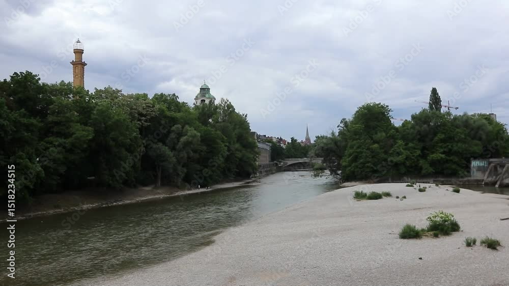 Munich Landscape View of a River with Trees and Buildings