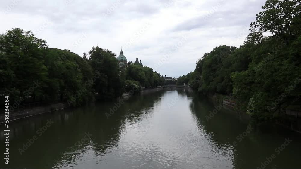 Munich Landscape View of a River with Trees and Buildings