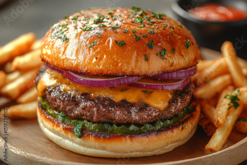 Juicy cheeseburger with cheddar, pickles, onions and fries on wooden plate in cozy restaurant lighting photo