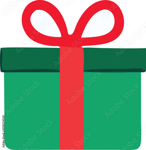 A simple illustration of a green gift box with a red ribbon and bow