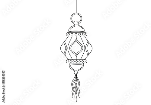 Diwali lantern drawing. It is a black and white outline image of an ornate hanging lantern, typical of those used during Diwali celebrations. Vector sketch line art draw.