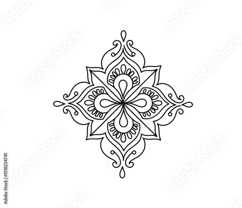 Rangoli drawing. It is a black and white outline image of an intricate and symmetrical rangoli pattern, resembling a mandala. Vector sketch line art draw.