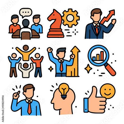 Business icon pack representing business success. Suitable for presentations, websites, print materials, and social media to enhance business visuals.