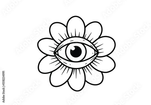 Eyeball flower drawing. It is a black and white outline image of an eye centered within a blooming flower, blending the bizarre with floral elements. Vector sketch line art draw.