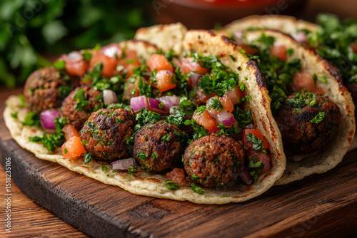 Flatbread filled with falafel balls, diced tomato, onion, and herbs placed on a wooden board photo
