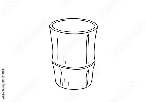 Bamboo cup drawing. It is a black and white outline image of a simple bamboo cup or tumbler, showcasing its natural segmented texture. Vector sketch line art draw.