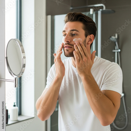 A young man looks at his reflection in the mirror while applying skincare products to his face, emphasizing male grooming and self-care.