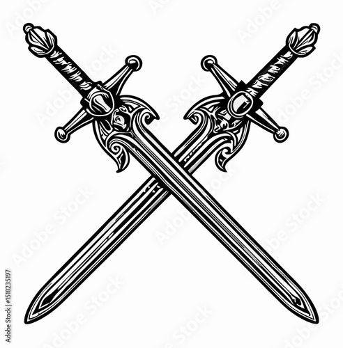 Crossed Swords, Ornate Design, Black and White, Medieval
