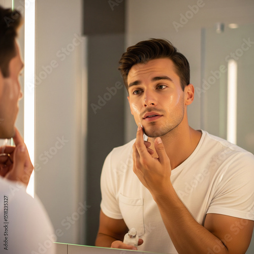 A young man looks at his reflection in the mirror while applying skincare products to his face, emphasizing male grooming and self-care.