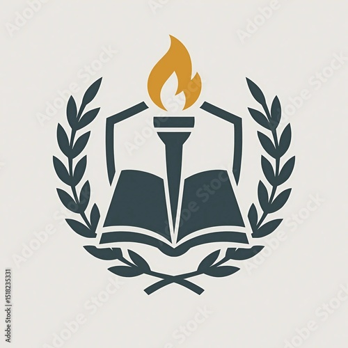education and achievement, featuring a dark gray open book at the base, a golden torch with a flame above it, and a protective shield shape surrounding the torch