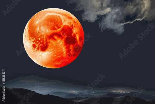 Blood Moon Rising Over Dark Hills at Night-Eerie Lunar Eclipse Landscape-Stunning Red Moon Photography-Space and Astronomy Image
