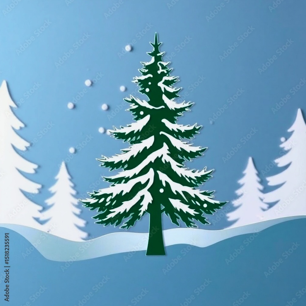 Obraz premium Snowy winter scene with green evergreen tree