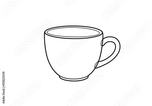 Coffee cup drawing. It is a black and white outline image of a simple coffee cup or mug with a handle, suitable for coloring. Vector sketch line art draw.