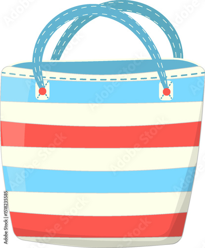 Vector illustration of beach bag. Summer accessory for seaside vacation, travel, swimming, and holiday essentials. Stylish striped tote in flat style, isolated on white background.