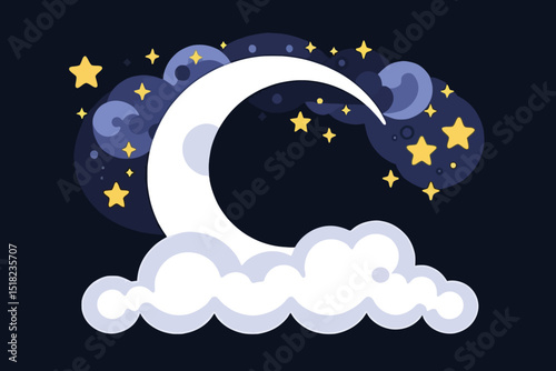 Cartoon Night Sky with Crescent Moon and Stars Illustration- Whimsical Nighttime Scene with Clouds and Celestial Elements- Perfect for Childrens Books and Wall Art