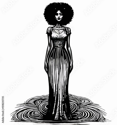 Black Woman in Long Dress, Water, Ink Drawing
