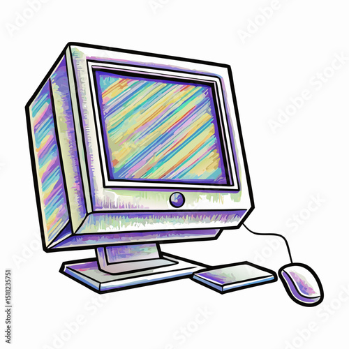 Retro Computer Illustration: Vintage Desktop PC with Mouse