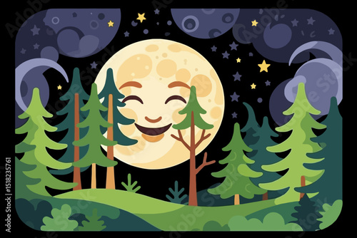 Cartoon Smiling Moon Over Forest at Night - Whimsical Landscape with Trees and Stars - Cute Nighttime Illustration for Childrens Decor