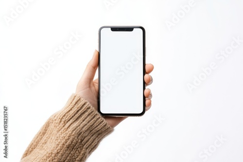 High Quality Image of Female Teen Hand Holding Smartphone Isolated on White