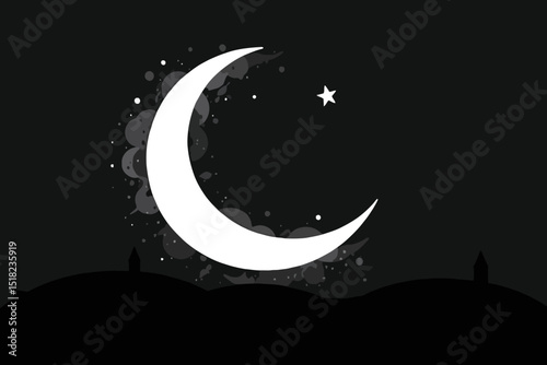 Crescent Moon and Star Illustration in Black and White - Ramadan Kareem Celebration - Islamic Art with Night Sky and Mosque Silhouette - Moon and Star Background
