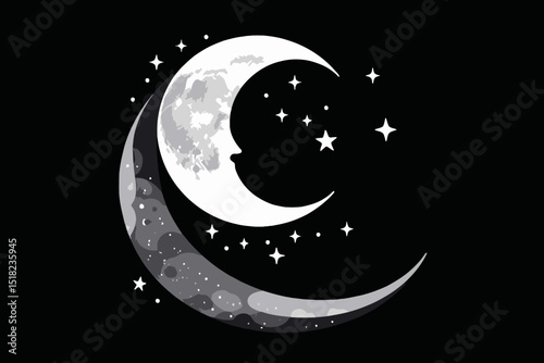 Crescent Moon and Stars Art - Night Sky Illustration with Lunar Phases - Celestial Wall Decor for Dreamers and Stargazers - Cosmic Artwork Design