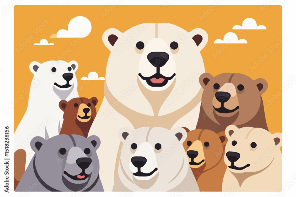 Fototapeta premium Cute Cartoon Bears Family Illustration - Polar Bear Grizzly Bear and Brown Bear Cubs Together on Orange Background - Bear Animal Clipart For Kids Education Materials