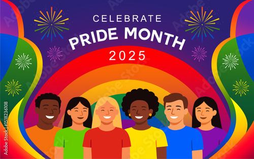 Celebrate LGBT Pride Month 2025 With people of different races, Colorful Rainbow and fireworks Pride Background. Best for Banners, Greeting Cards, Posters and Social Media. Vector Illustrations.