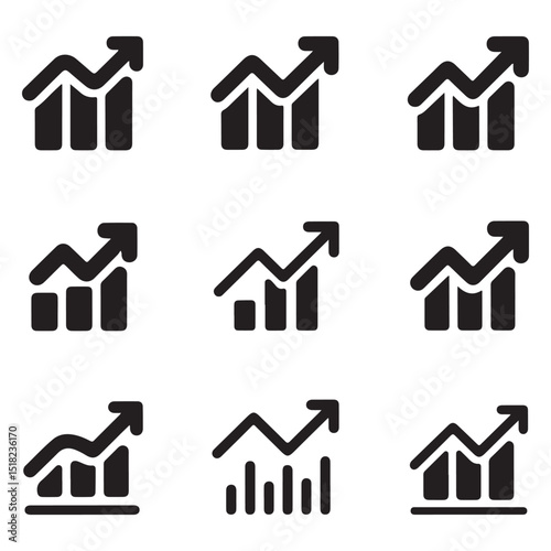 Upward Trend Icons Set – Graph, Chart, and Arrow Symbols for Financial and Business Growth