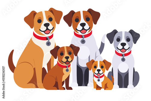 Cute Cartoon Dog Family Illustration - Five Adorable Dogs with Red Collars - Happy Canine Characters for Childrens Content and Pet Lovers