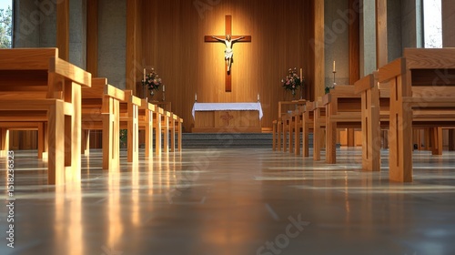 Modern church interior with wooden pews symmetrical layout leading to an altar with a cross illuminated by natural light and warm wood ambiance, peaceful sacred space