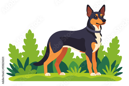 Cute Cartoon Dog Illustration - Black and Tan Dog Standing in Grass - Pet Animal Graphic - Dog Breed Artwork