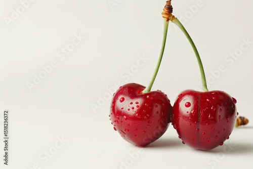 A Bright Red Cherries, Glossy and with Stems, Perfectly Isolated on a White Background