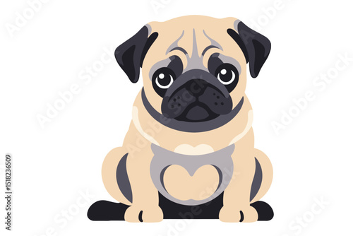 Cute Cartoon Pug Dog Vector Illustration - Adorable Puppy with Wrinkled Face and Heart Shaped Harness - Pet Animal Clipart for Graphic Design and Print