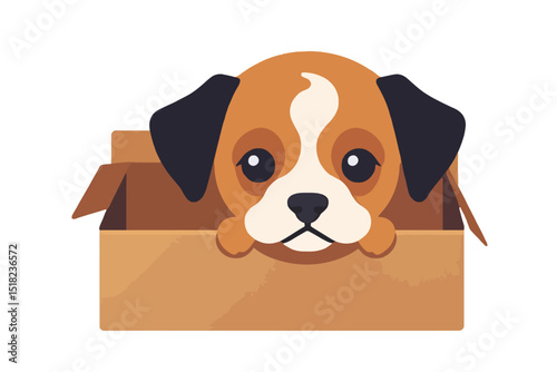 Cute Cartoon Puppy in a Box Illustration - Adorable Dog Clipart for Pet Lovers - Playful Puppy Graphic for Kids Designs - Funny Animal Character Vector Dot