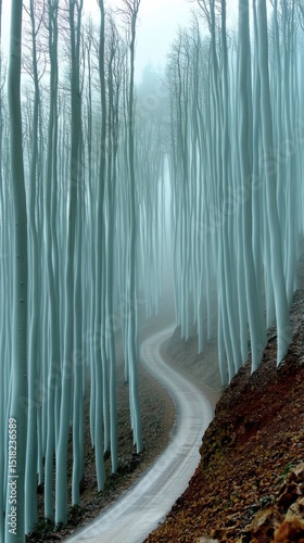 Serene foggy forest scene with tall slender blue trees lining a winding dirt path through the mystical woodland atmosphere and gentle natural landscape