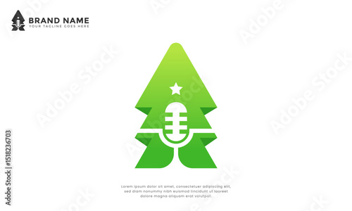 Pine Podcast logo. Modern logo combination pine tree with microphone. Perfect for nature podcast, outdoor audio, eco voice projects, or forest sound recording.