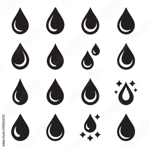 Water Drop Icons Set – Various Black Droplet Shapes for Fluid, Liquid, and Water Symbol Designs