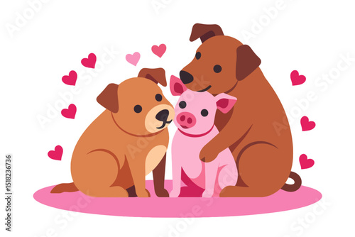 Cute Dogs and Piglet Love Illustration - Cartoon Animals in Love with Hearts - Valentine's Day Graphic with Puppy and Pig Best Friends Forever