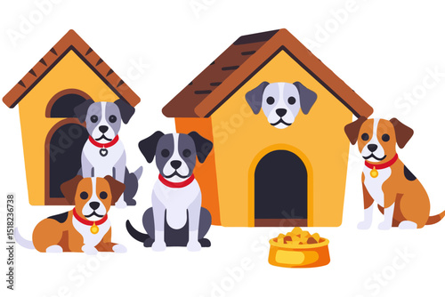 Cute Dogs in Doghouses Cartoon Illustration-Happy Pets with Bowls of Food-Adorable Animal Companions in Their Homes-Colorful Vector Graphic
