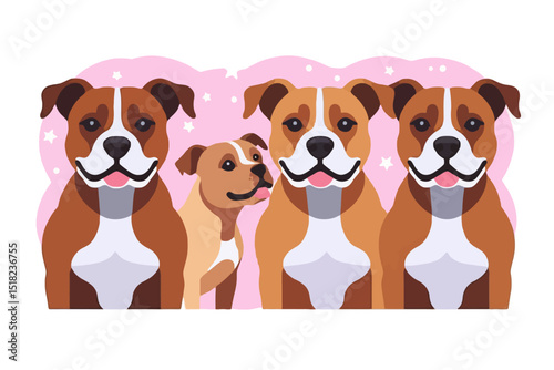Cute Family of American Staffordshire Terriers Illustration- Adorable Dog Group Portrait with Puppy- Vector Graphics of Happy Pets on Pink Background
