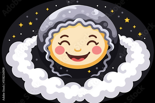 Cute Smiling Moon Cartoon Illustration - Night Sky with Stars and Clouds - Childrens Book Art - Dreamy Lunar Scene Design
