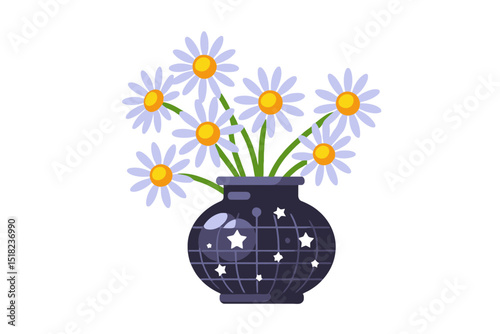 Daisy Flower Bouquet in Starry Vase Illustration- Cute Floral Arrangement in a Decorative Pot- Vector Image of White Daisies for Spring or Summer Designs