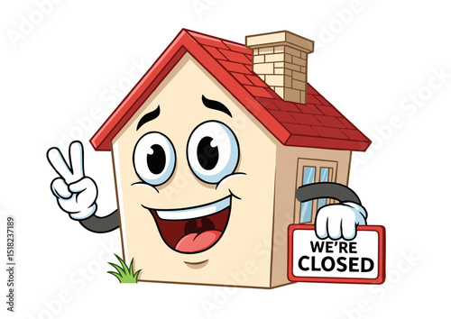 Happy House Character Announces Closure Fun Illustration of a Closed Business, Perfect for Websites, Social Media, and Marketing Materials