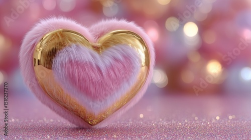 Fluffy Glass Heart with Pink Fur and Gold Sparkle Accents